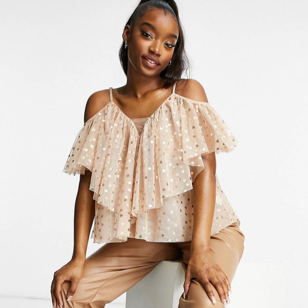 Lace & Beads Cold Shoulder Top in Blush W/Hearts